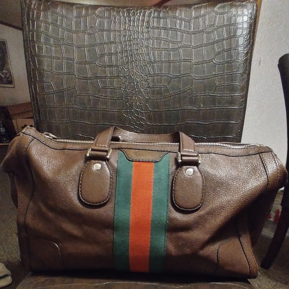 GUCCI Calfskin Medium Web Seventies Tote Brown
